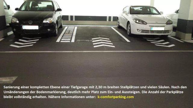 Bild: Enge Parkplätze in Tiefgaragen und Parkhäuser bieten richtig markiert einen optimalen Komfort
