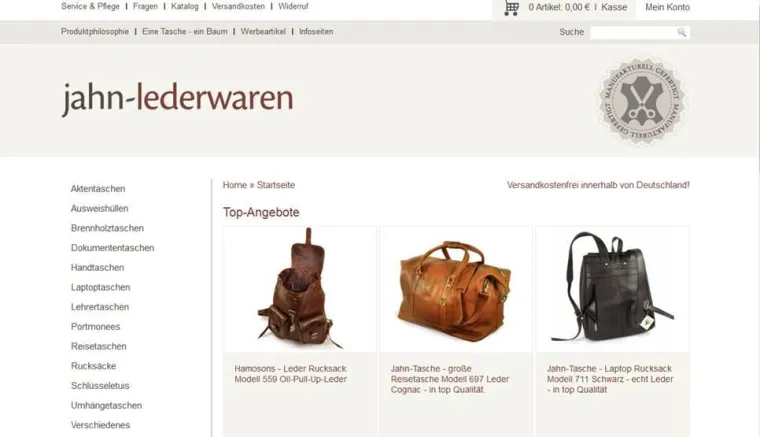 Bild: Jahn-Lederwaren präsentiert Web-Shop jahn-lederwaren.de in neuem Design und mit Qualitätssiegel