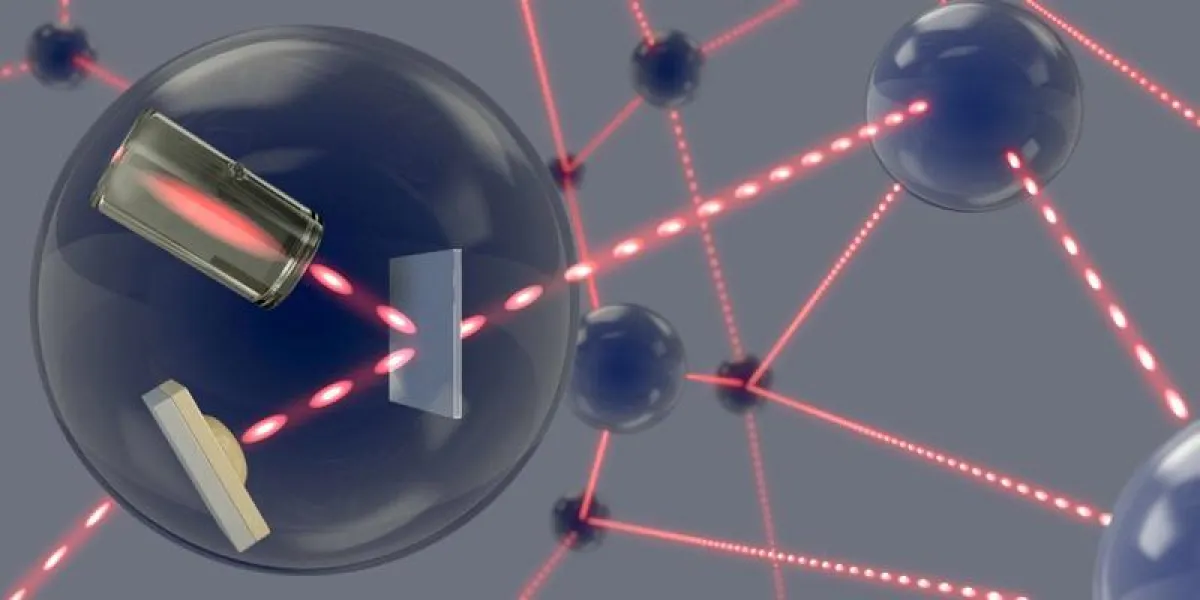 Schematische Darstellung eines Quantennetzwerks: einzelnen Photonen übermitteln Quanteninformation zwischen den Netzwerkknoten, wo sie in einem atomaren Gas gespeichert werden. (Universität Basel, De