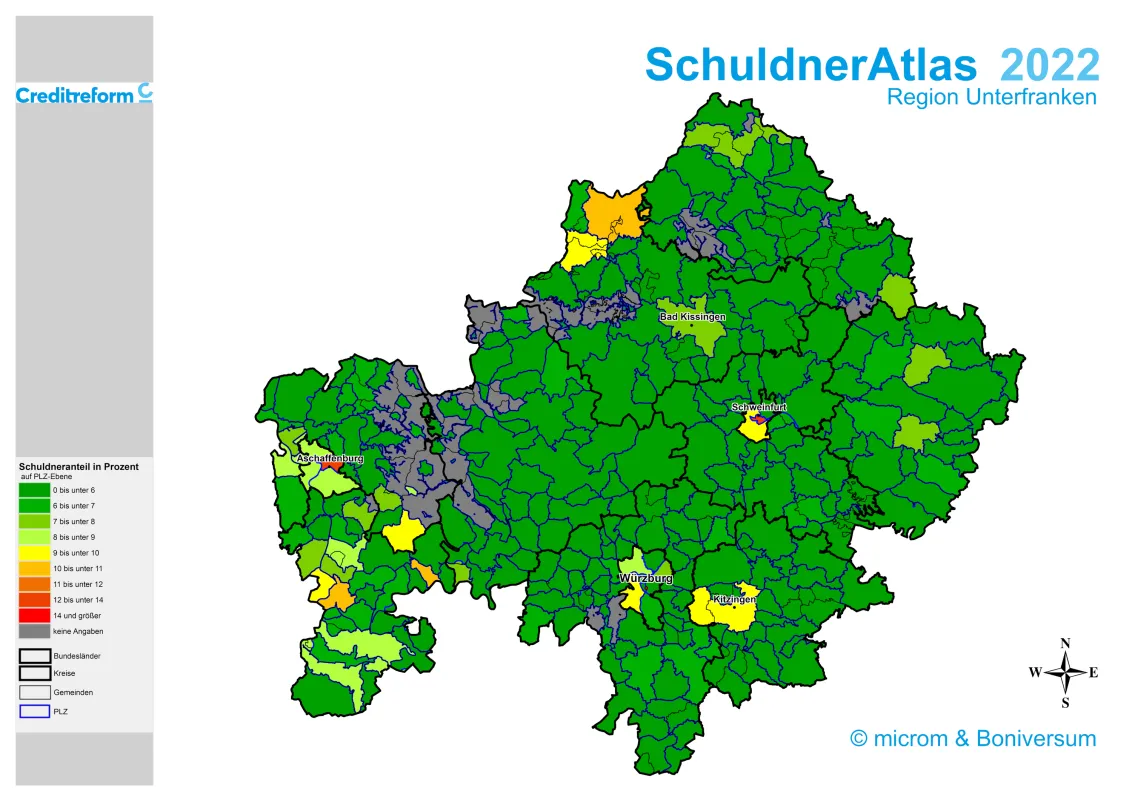 Karte SchuldnerAtlas Unterfranken 2022 (© Creditreform Würzburg)
