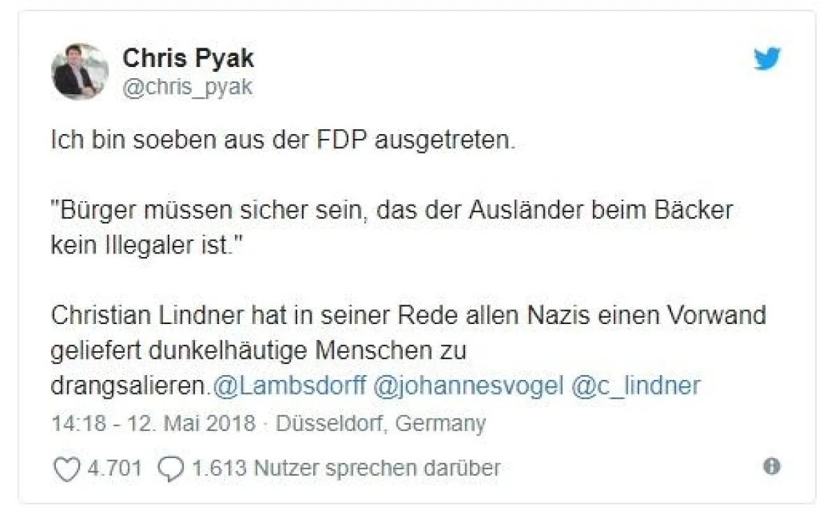 Tweet zum Austritt aus der FDP von Chris Pyak