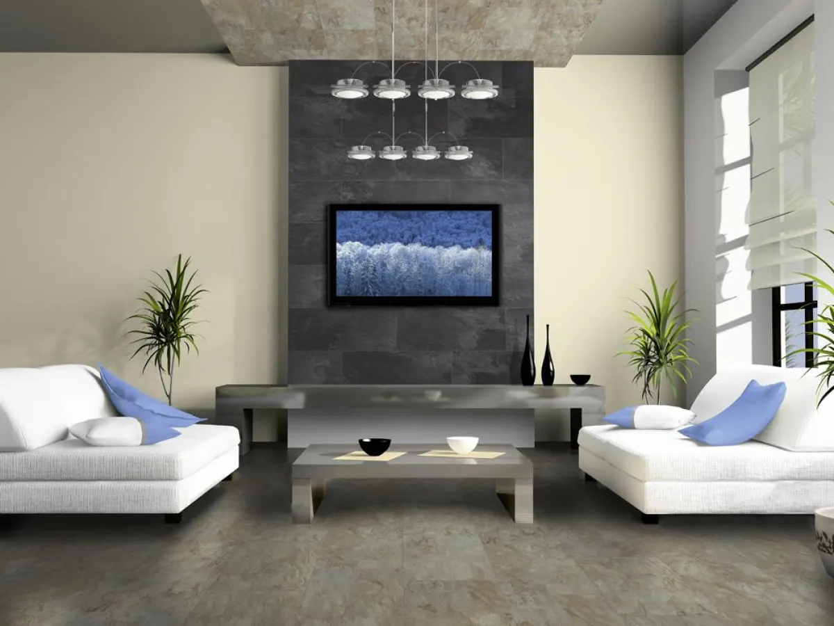 Die gekko-laminate-3-in-1-Wandverkleidung mit dem  Visiogrande-Laminatbodendekor Ölschiefer, in Kombination mit Buntschiefer auf dem Fußboden  und an der Decke.