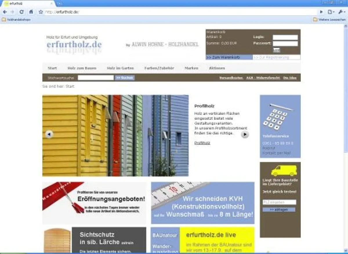 Die Startseite des regionalen Onlineshops erfurtholz.de.