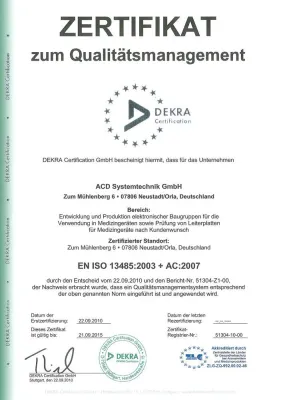 ACD Systemtechnik GmbH nach ISO 13485 zertifiziert. Bild: ACD Systemtechnik GmbH nach ISO 13485 zertifiziert.