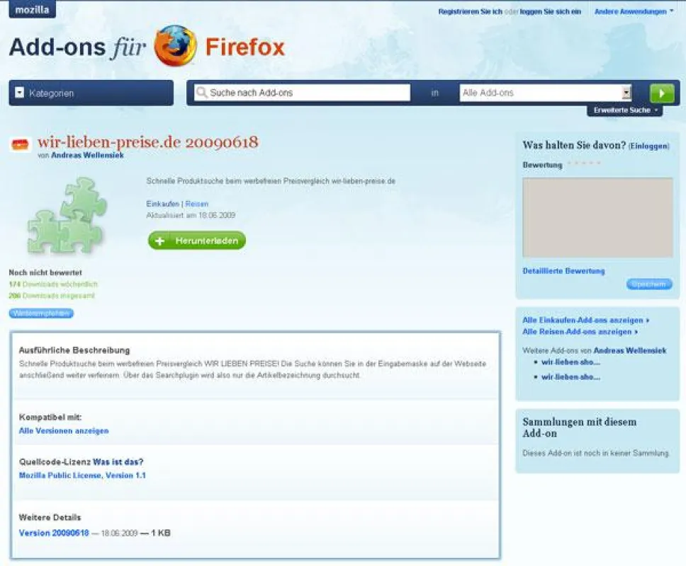 Offizielles Add-on für Internetbrowser Firefox: Werbefreier Preisvergleich wir-lieben-preise.de