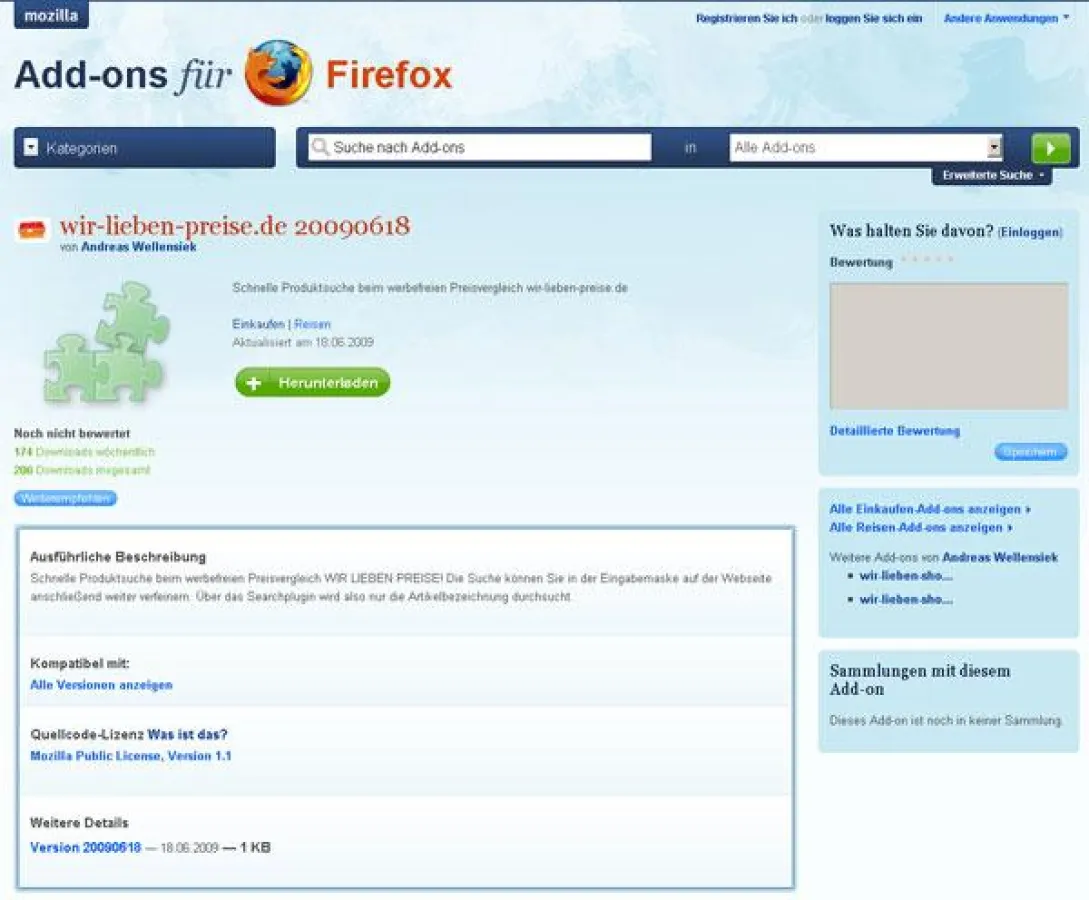 Offizielles Add-on für Internetbrowser Firefox: Werbefreier Preisvergleich wir-lieben-preise.de