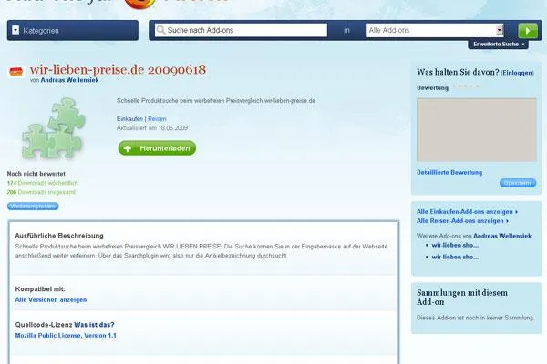 Bild: Offizielles Add-on für Internetbrowser Firefox - Preisvergleich wir-lieben-preise.de