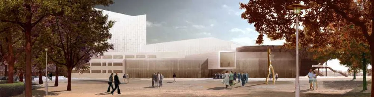 Bäume und eine Skulptur von Gottfried Bechtold sind die zentralen Gestaltungselemente des Vorplatzes beim Festspielhaus Bregenz. (Visualisierung: Vogt Landschaftsarchitekten AG, Dietrich|Untertrifalle