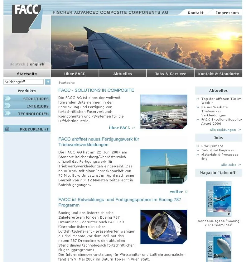 Neue Website der Fischer Advanced Composite Components (FACC) AG , realisiert von der Salzburger Agentur interact!multimedia.