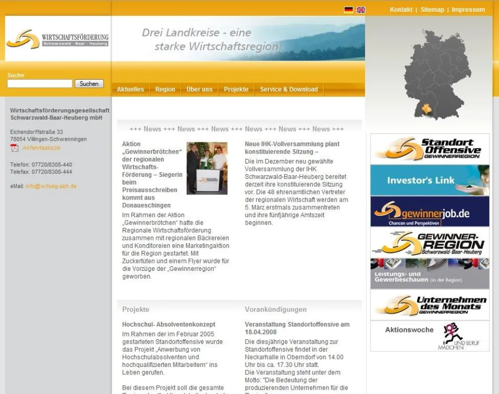 Die neue Website der Wirtschaftsförderungsgesellschaft Schwarzwald-Baar-Heuberg. Konzeption und Umsetzung: Matoma Internet Consulting, Trossingen. Redaktionssystem (CMS): matoma.net
