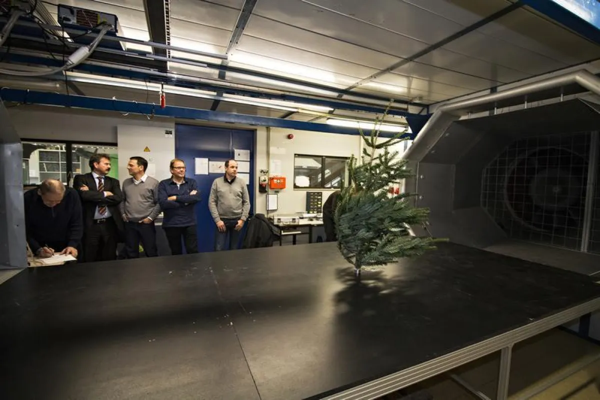 Aerodynamik-Test eines Weihnachtsbaums im Windkanal der FH Aachen, Fachbereich Luft- und Raumfahrttechnik (FH Aachen / Arnd Gottschalk)