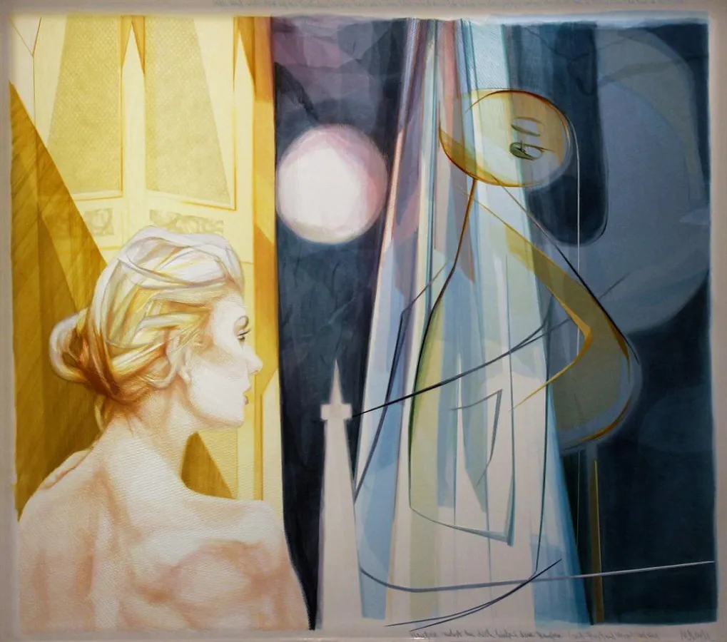 Monika Thiele: Draußen suchst du dich hinter dem Draußen, 2016, Garn auf Organza