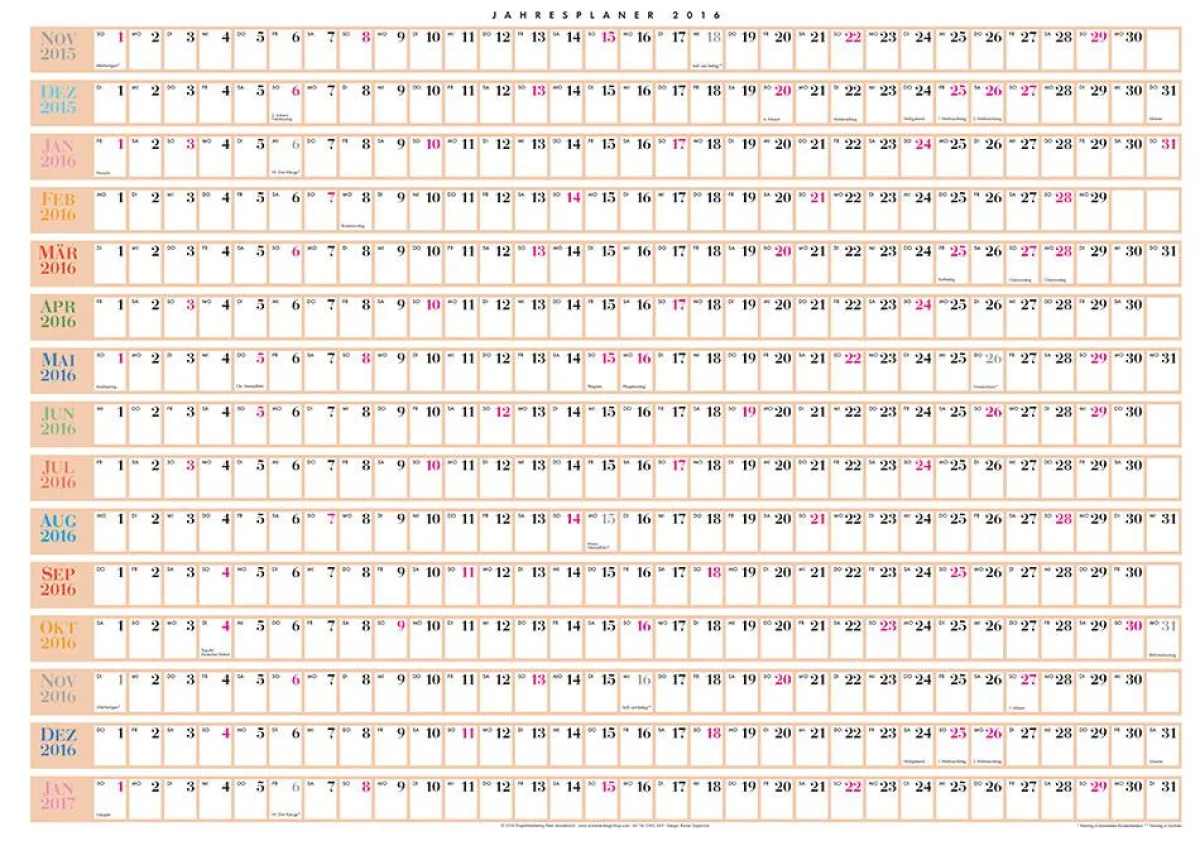 Der Jahreskalender 2016 hat zwei Seiten, gestaltet im Hoch- und Querformat.
