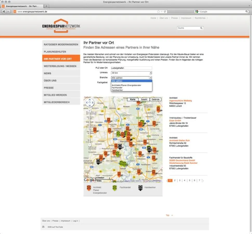 Die Partner-Unternehmen werden in einer filterbaren Karte abgebildet