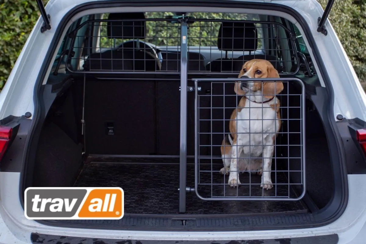 Auf der Fahrt in den Herbsturlaub wird der Hunde durch eine Gitterkombination gesichert. © Travall