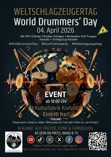 Am 04. April ist Internationaler Weltschlagzeugertag 2026 - Online + LIVE-EVENT in Krefeld (Deutschland) Bild: Am 04. April ist Internationaler Weltschlagzeugertag 2026 - Online + LIVE-EVENT in Krefeld (Deutschland)
