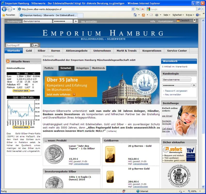 Startseite des neuen Edelmetallshops www.silber-werte.de