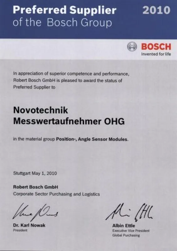 Mit der Auszeichnung wird der Sensorikspezialist Novotechnik auf Grund großen Einsatzes, hoher Kompetenz und überdurchschnittlicher Leistungsfähigkeit von der Bosch-Gruppe als bevorzugter Lieferant be