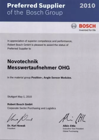 Bild: Novotechnik ist "Preferred Supplier" der Bosch Gruppe