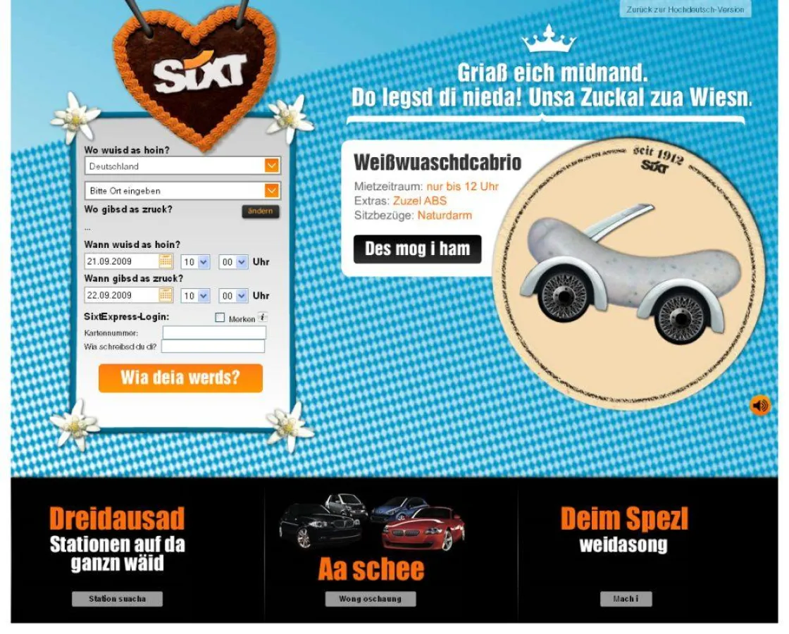 Die Sixt-Website auf Bayerisch.