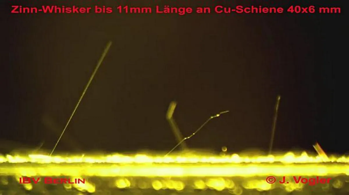 Schleichende Gefahr: Zinnwhisker auf Leiterplatten (Copyright: J. Vogler)