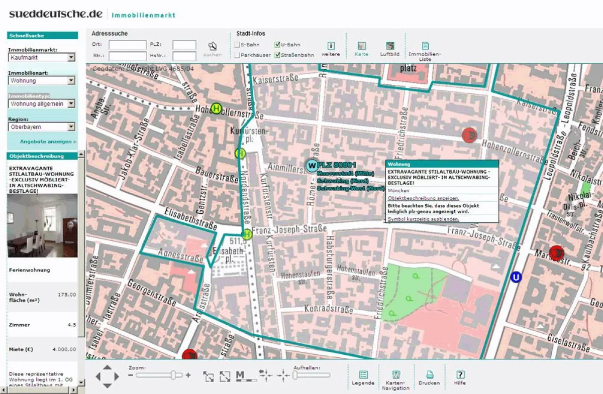 interaktiver Umgebungsplan im Immobilienmarkt unter www.sueddeutsche.de