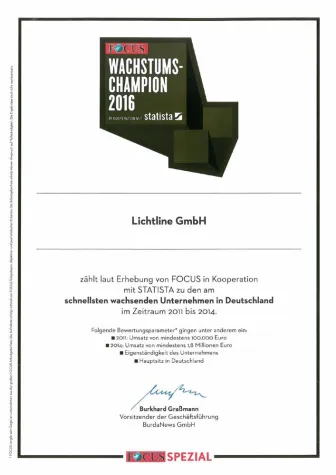 Focus-Wachstumschampion lichtline GmbH: Ausgezeichnet! Bild: Focus-Wachstumschampion lichtline GmbH: Ausgezeichnet!