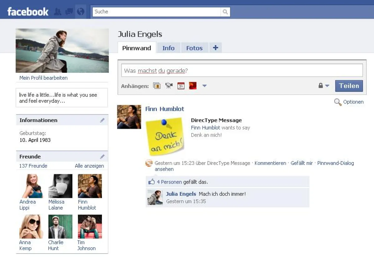 Abbildung eines Pinnwandeintrages mit bildpersonalisierten Motiv, welches über DirecType Message erstellt wurde