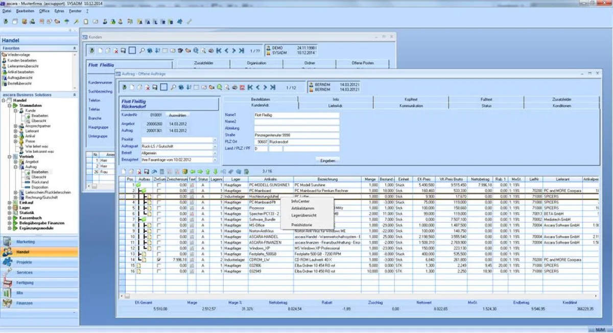 Kunden- und Auftragsmaske im ascara ERP-System