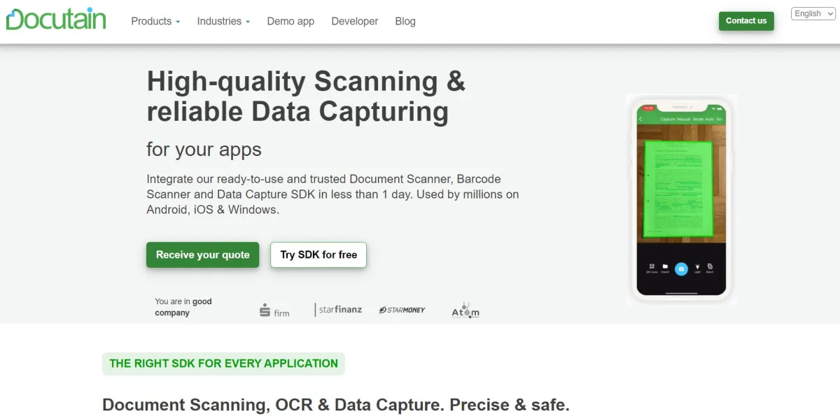 Docutain SDK Webseite - Alle Infos zu Document Scanner, Barcode Scanner & Data Capture SDK für B2B