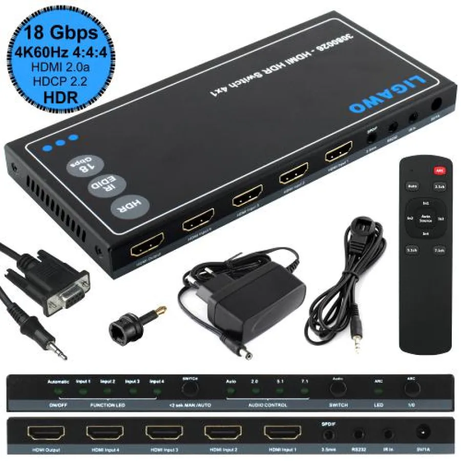 Ligawo ® 3080026 HDMI HDR Switch 4x1 - 18Gbps 4K 60Hz 4:4:4 EDID Audio