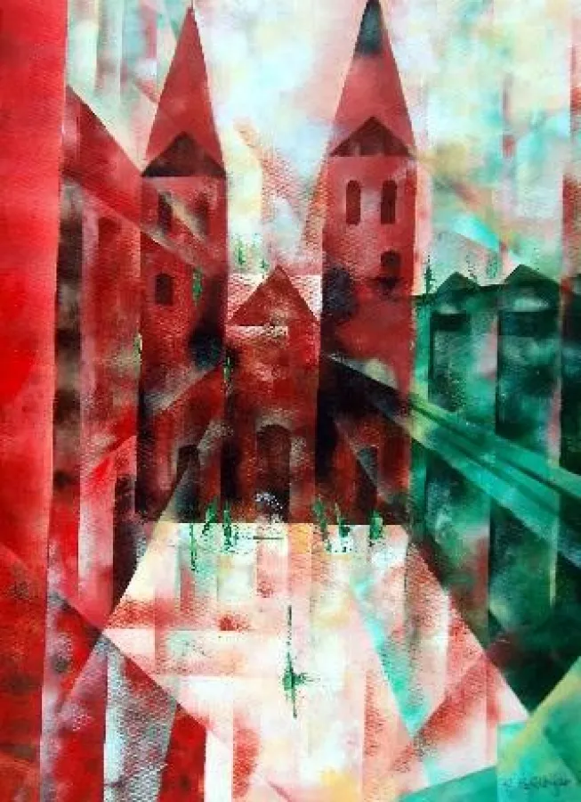 Bremen,, Acryl auf Leinwand, 50 x 70, 2006. Das Rathaus in Bremen gehört zu den wichtigsten Wahrzeichen der Stadt und zeugt von der bewegten Vergangenheit der Hansestadt. Es wird abstrahiert gezeigt, 