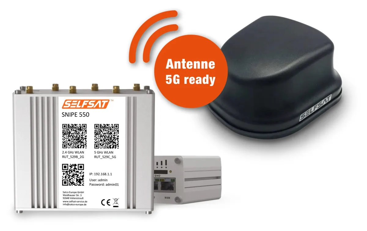 SELFSAT SNIPE 550 Router mit Antenne 5G ready (© Satco Europe GmbH)