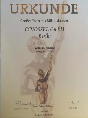 CCVOSSEL GmbH als Finalist beim „Großen Preis des Mittelstandes 2014“ ausgezeichnet Bild: CCVOSSEL GmbH als Finalist beim „Großen Preis des Mittelstandes 2014“ ausgezeichnet
