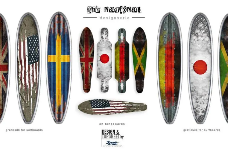 NATIONALBOARD -Designs auf Surfboards und Longboards. Bild: NATIONALBOARD -Designs auf Surfboards und Longboards.
