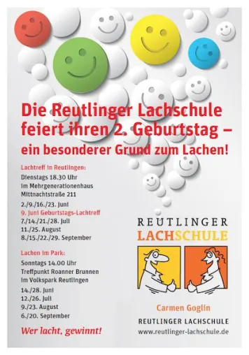 Die Reutlinger Lachschule feiert im Juni ihr zweijähriges Bestehen Bild: Die Reutlinger Lachschule feiert im Juni ihr zweijähriges Bestehen
