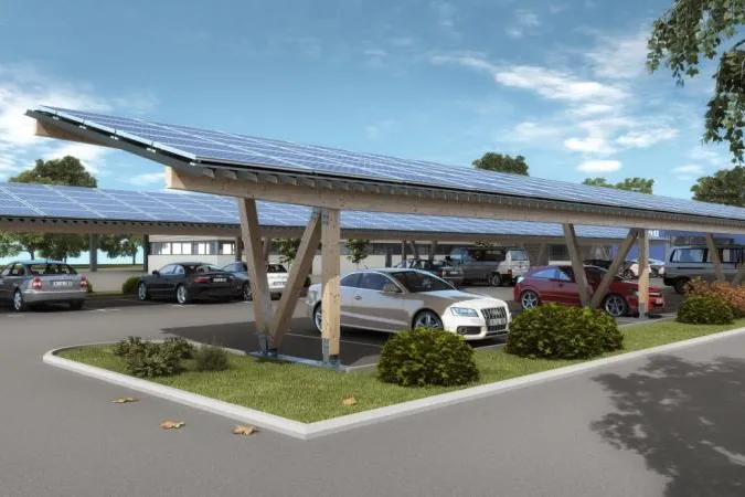 Solarcarports mit Holzstruktur: nachhaltig, optisch ansprechend, langlebig und kostengünstig Bild: Solarcarports mit Holzstruktur: nachhaltig, optisch ansprechend, langlebig und kostengünstig