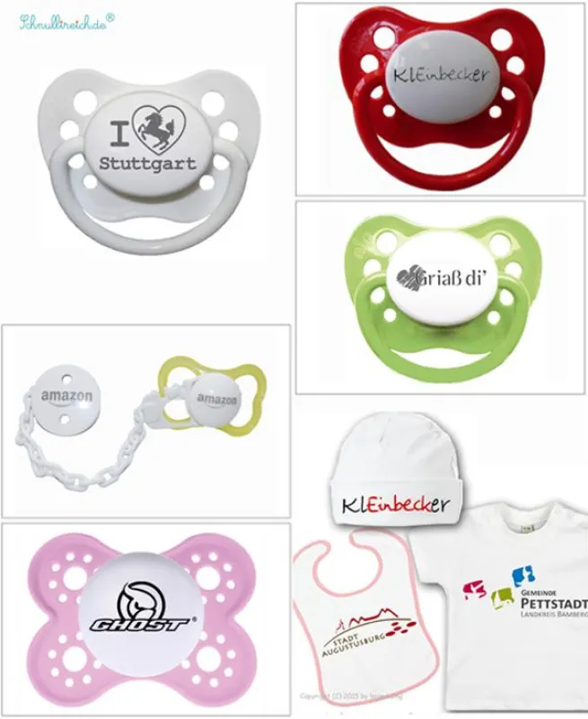 Schnuller + Schnullerketten mit Logo, Babypakete mit Logo