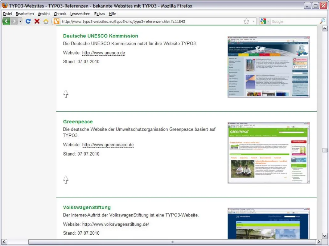Auszug Referenzsammlung TYPO3-Websites