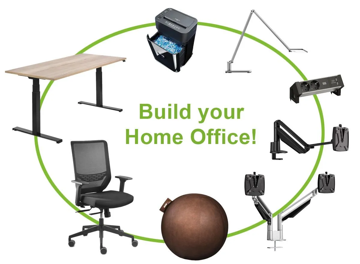 Home Office Komponenten: Tisch, Monitorhalter, Lampe, Bürostuhl & Zubehör