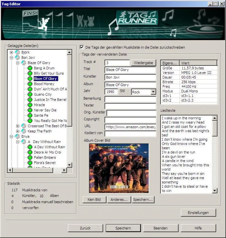 TagRunner - vollautomatisches ID3-Tagging mit Liedtexte und Coverbildern.