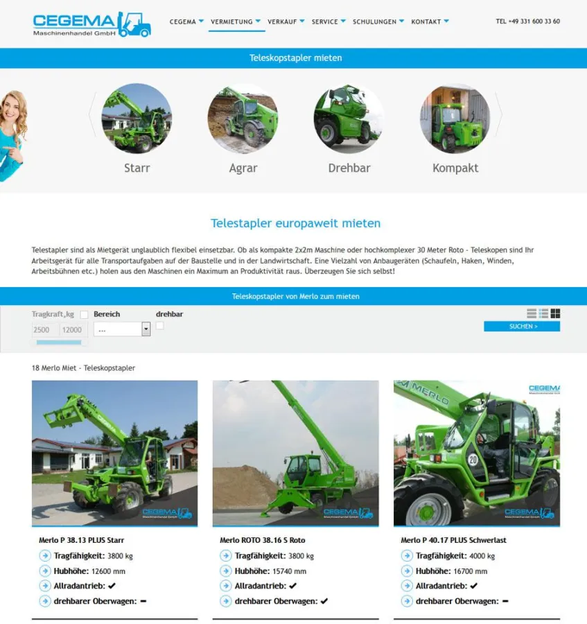 Telestaplerbereich der neuen Homepage