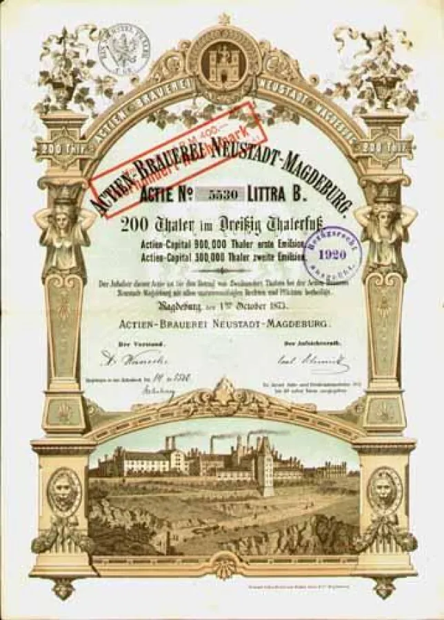 Beeindruckend und unglaublich schön: Historische Aktie der Actien-Brauerei Neustadt-Magdeburg