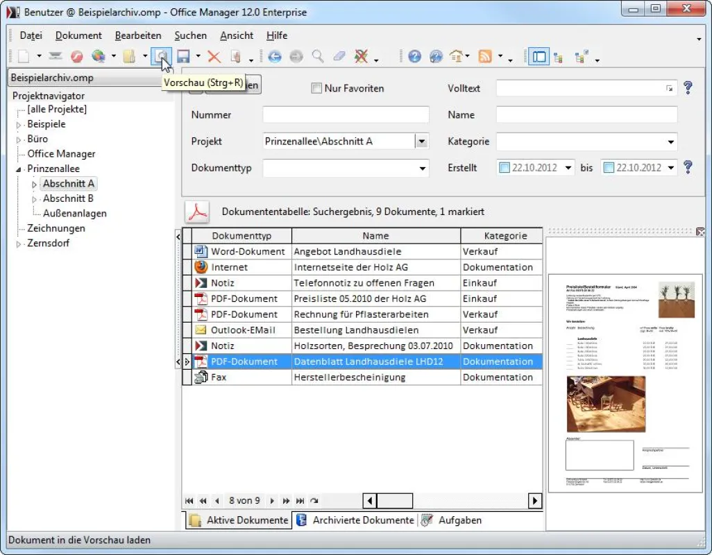 PDF-Vorschau, klassische Ansicht im Programm-Hauptfenster