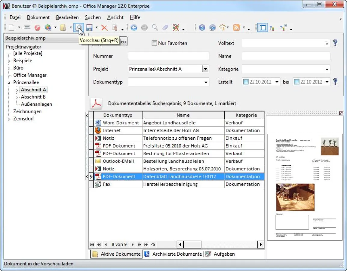 PDF-Vorschau, klassische Ansicht im Programm-Hauptfenster