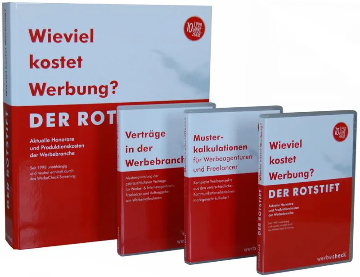 Die WerbeCheck-Veröffentlichungen - der Rotstift, Musterkalkulationen und Musterverträge für die Werbebranche