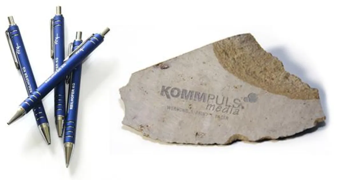 Laseranwendung wie z.B. gravierter Kalksandstein & Werbemittel
