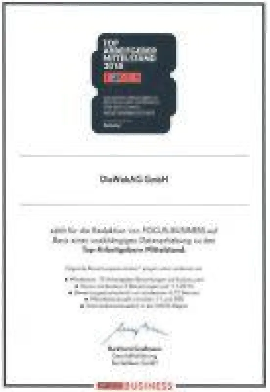 DieWebAG GmbH - TOP Arbeitgeber Mittelstand 2018 - Focus Business