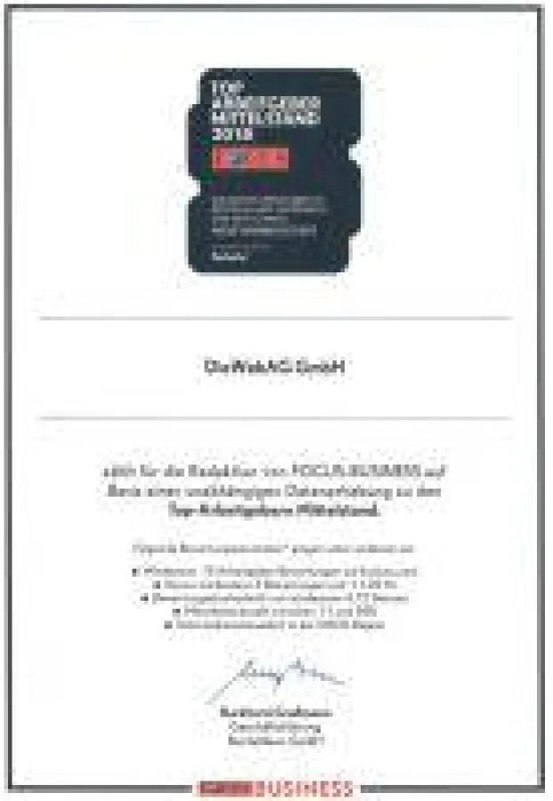 DieWebAG GmbH - TOP Arbeitgeber Mittelstand 2018 - Focus Business