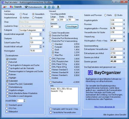 Bild: BayCalculator 3.60 - eBay-Gebührenrechner bereits fit für neues eBay-Gebührenmodell